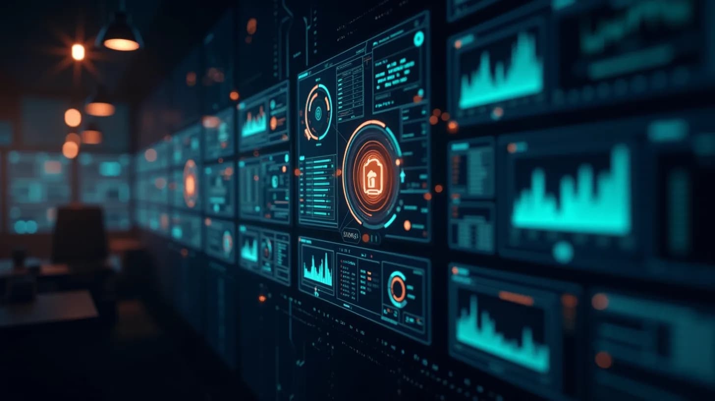Abstrakte Darstellung eines Security Operations Center mit Monitoring (SOC-Analyst)